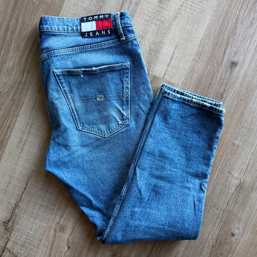 Tommy Jeans Mens Dad Jean Regular Tapered Distressed Blue Denim 33x30